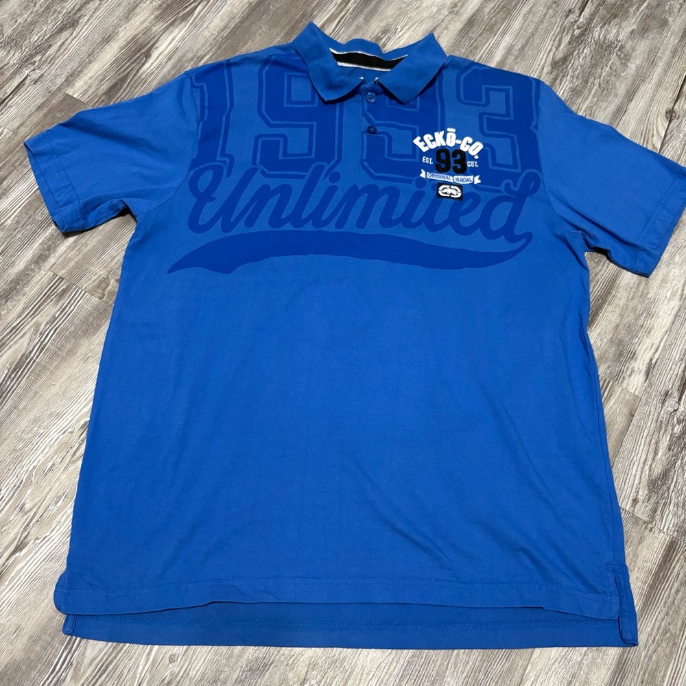 Ecko Unltd Men's XXL Polo Shirt Blue Graphic Short Y2K Streetwear